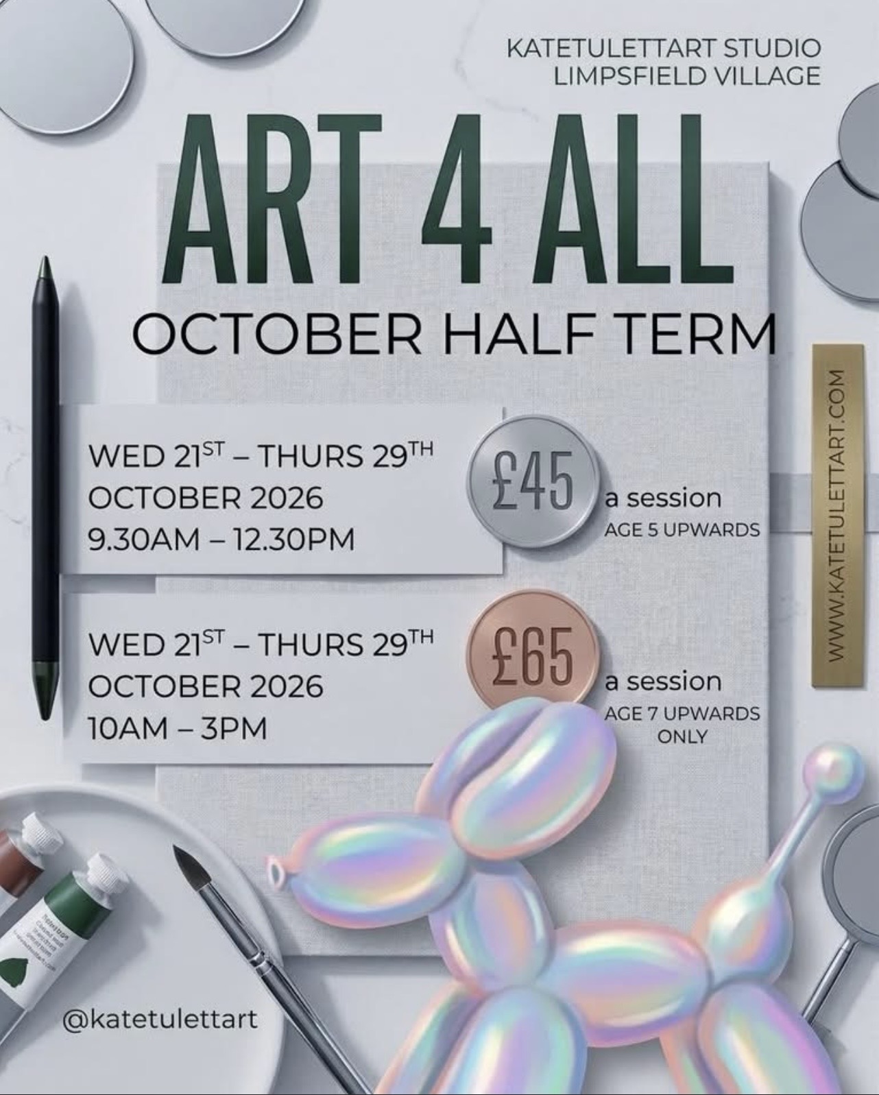 Art 4 All October half-term classes, 21–29 October 2026: 9.30am–12.30pm, £45 for ages 5 upwards; 10am–3pm, £65 for ages 7 upwards